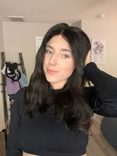 Load image into Gallery viewer, Jessie is an 18" length, handtied stretch cap with lace top, and medium cap made with premium Brazilian quality human hair