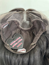 Load image into Gallery viewer, Jessie is an 18" length, handtied stretch cap with lace top, and medium cap made with premium Brazilian quality human hair