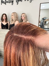 Load image into Gallery viewer, Preorder Whopper style topper, 24” length, face framing curtain bangs, premium Brazilian texture hair PICTURES FOR COLOR REFERENCE
