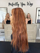 Load image into Gallery viewer, Preorder Whopper style topper, 24” length, face framing curtain bangs, premium Brazilian texture hair PICTURES FOR COLOR REFERENCE
