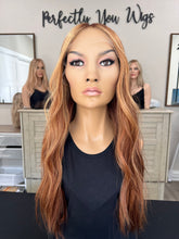 Load image into Gallery viewer, Preorder Whopper style topper, 24” length, face framing curtain bangs, premium Brazilian texture hair PICTURES FOR COLOR REFERENCE
