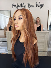 Load image into Gallery viewer, Preorder Whopper style topper, 24” length, face framing curtain bangs, premium Brazilian texture hair PICTURES FOR COLOR REFERENCE
