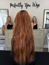Load image into Gallery viewer, Preorder Whopper style topper, 24” length, face framing curtain bangs, premium Brazilian texture hair PICTURES FOR COLOR REFERENCE
