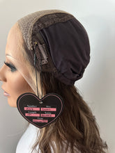 Load image into Gallery viewer, Melanie is a 17&quot; length, small hand tied stretch cap made with premium Brazilian quality human hair
