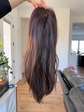 Load image into Gallery viewer, Amber is a 10X10 whopper style topper, 21” length made with premium Brazilian texture human hair
