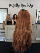 Load image into Gallery viewer, Preorder Whopper style topper, 24” length, face framing curtain bangs, premium Brazilian texture hair PICTURES FOR COLOR REFERENCE
